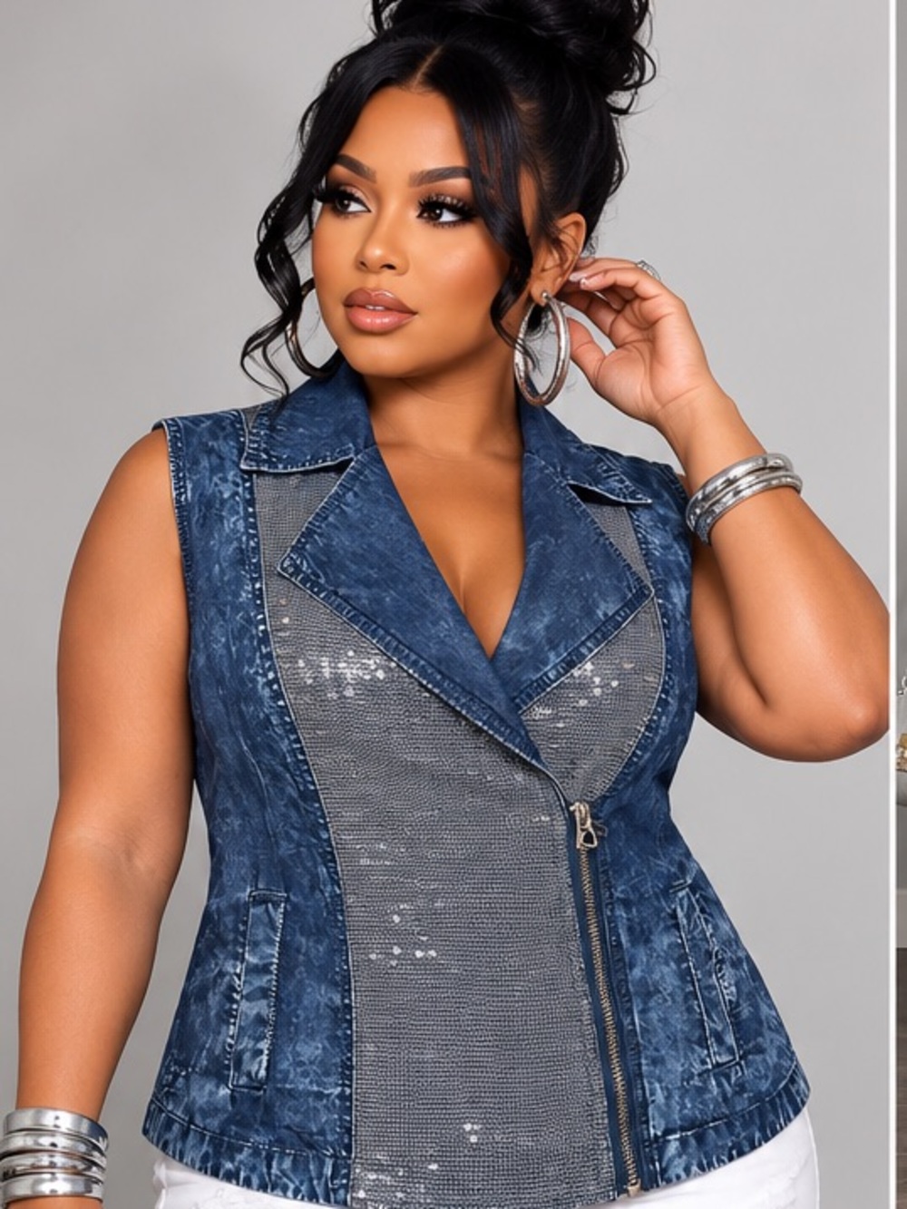 Sleeveless Denim-Look Zip Vest with Metallic Mesh Panels